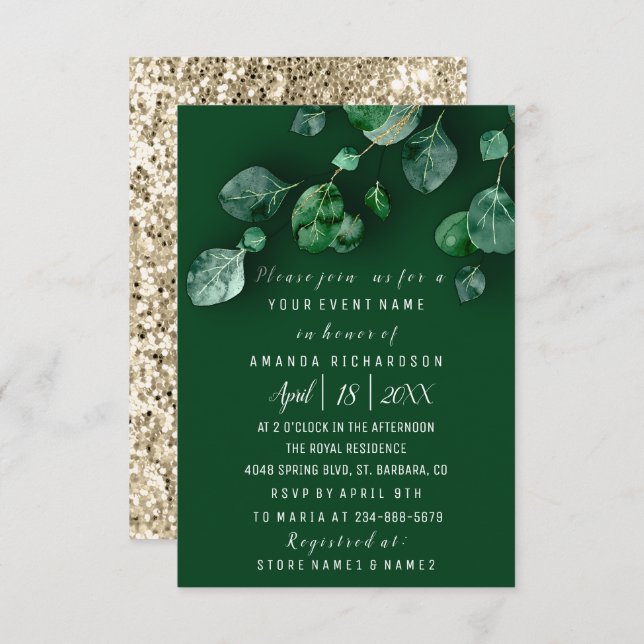 Convite Casamento Bridal Eucalyptus Greenery Dourado Glitt (Frente/Verso)