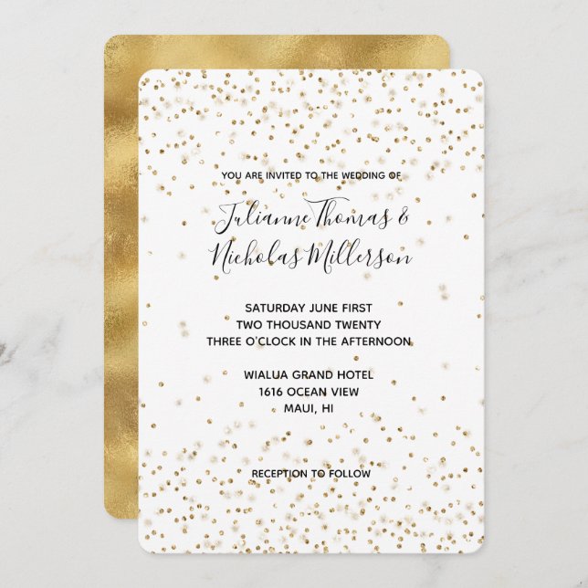 Convite Casamento brilhante de confete Dourado branco   (Frente/Verso)