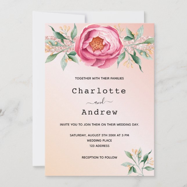 Convite Casamento brilhante de cor rosa-rosa (Frente)