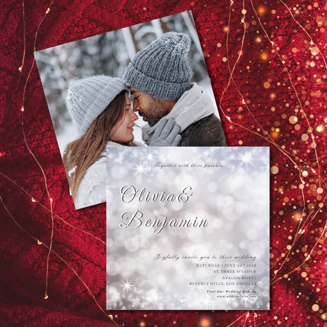 Convite Casamento brilhante de foto com brilho de prata (Elegant Silver Glitter Photo Classic Wedding Invitation)