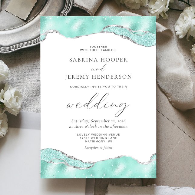 Convite Casamento Brilho de Folha de Prata Aqua Branco (Criador carregado)