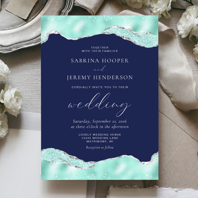 Convite Casamento Brilho de Folha de Prata Azul Aqua (Criador carregado)