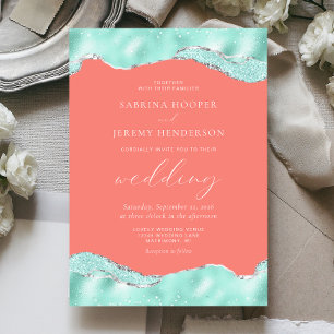 Convite Casamento Brilho de Folha de Prata Rosa Coral Aqua