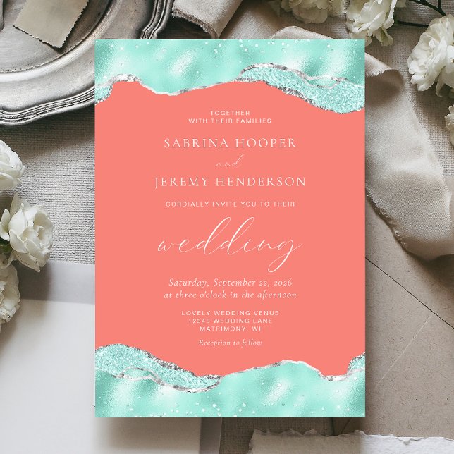Convite Casamento Brilho de Folha de Prata Rosa Coral Aqua (Criador carregado)