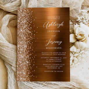Convite Casamento Brilho de Metal Cobre Glamour