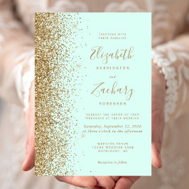 Convite Casamento Brilho Dourado Verde Menta