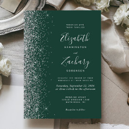 Convite Casamento Brilho Falso Prata Verde Esmeralda Moder