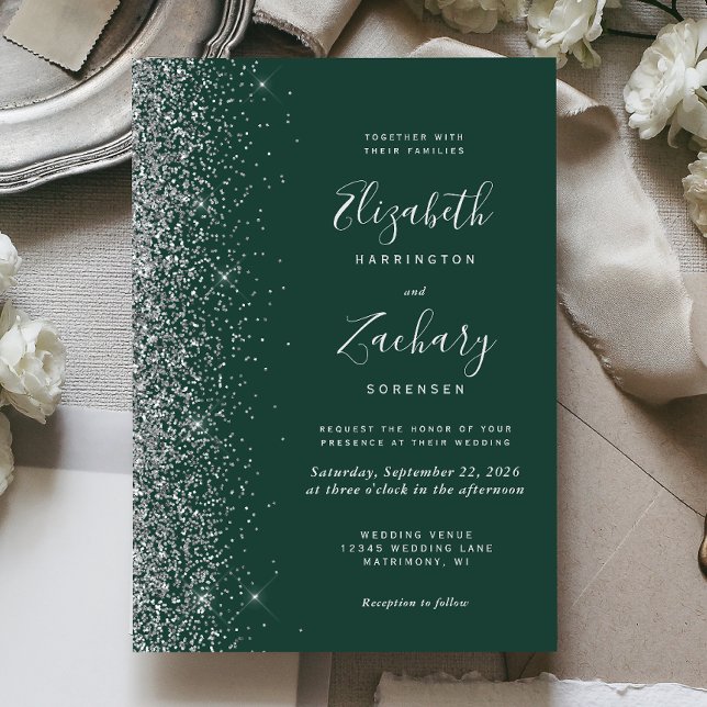 Convite Casamento Brilho Falso Prata Verde Esmeralda Moder (Criador carregado)