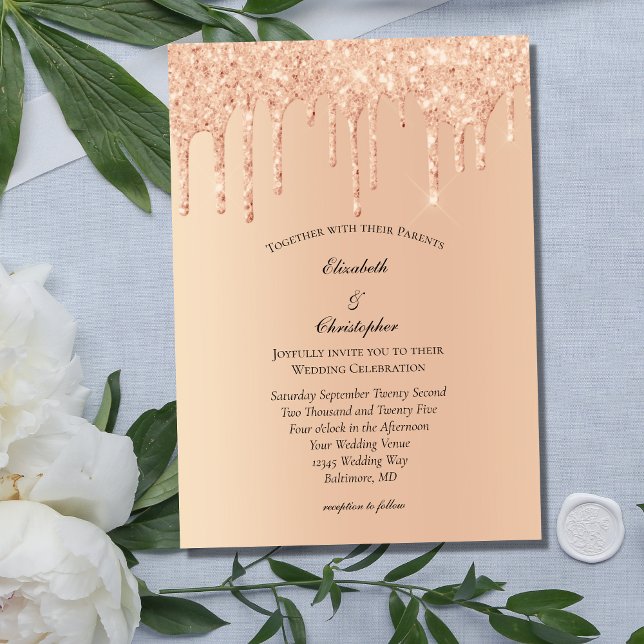 Convite Casamento Brilho Glam Rosa Peachy (Criador carregado)