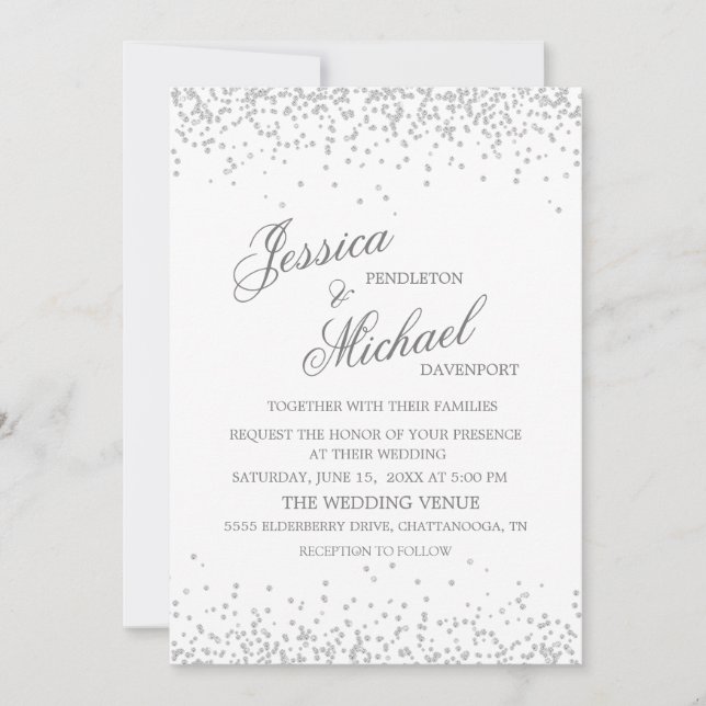 Convite Casamento Brilho Prata Branco Elegante (Frente)