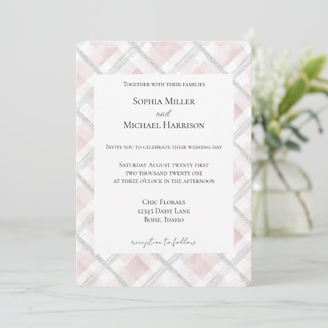 Convite Casamento Brilho Rosa Bege Branco Prata (Em pé/Frente)