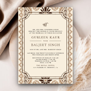 Convite Casamento Brown Cream Beige Ikat Anand Karaj Sikh