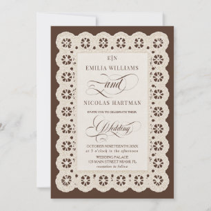 Convite Casamento Brown Ivory Lace Monogram Old Money