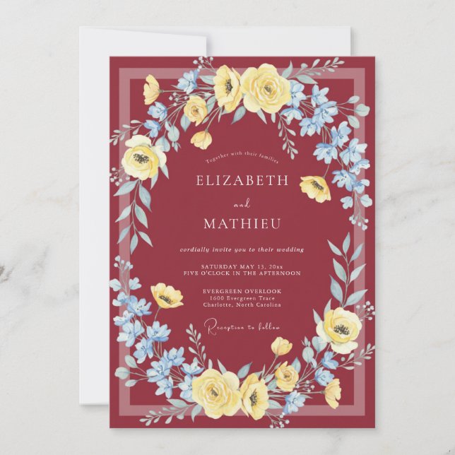 Convite Casamento Burgundy Animado de Primavera (Frente)