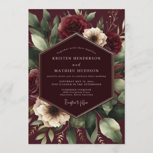 Convite Casamento Burgundy Baroque Bloom (Frente)