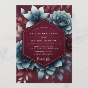 Convite Casamento Burgundy & Blue Moody Bloom