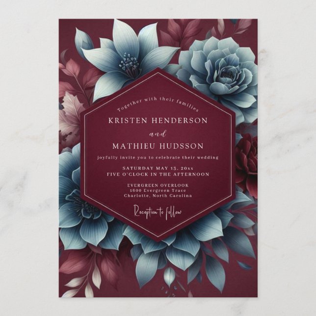 Convite Casamento Burgundy & Blue Moody Bloom (Frente)