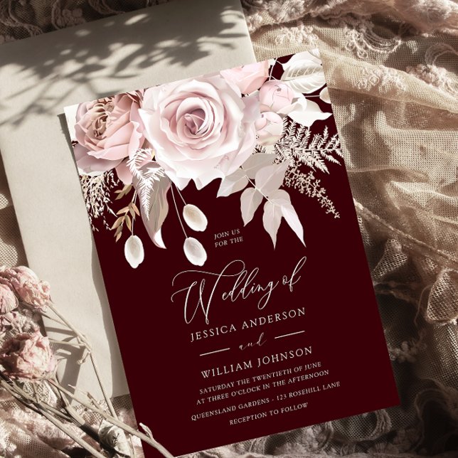 Convite Casamento Burgundy & Blush Designer Rosa Empoeirad (Criador carregado)