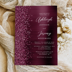 Convite Casamento Burgundy Brushed Metal Glitter Script
