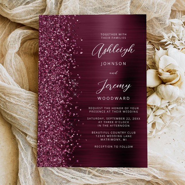 Convite Casamento Burgundy Brushed Metal Glitter Script (Criador carregado)