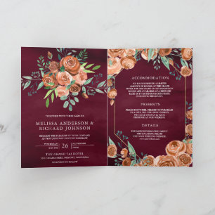 Convite Casamento Burgundy Código QR Floral Terracota