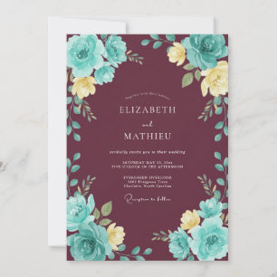 Convite Casamento Burgundy com Folhas de Teal