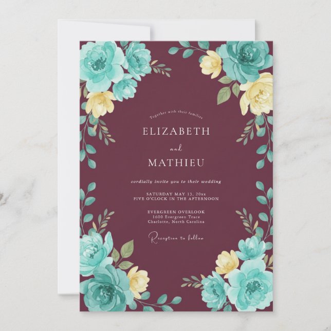Convite Casamento Burgundy com Folhas de Teal (Frente)