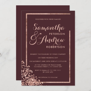 Convite casamento burgundy confetti com quadro de ouro ros