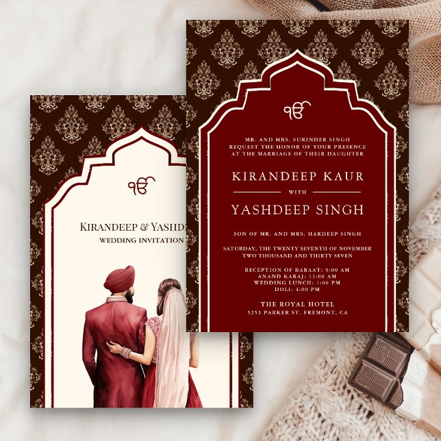 Convite Casamento Burgundy Cream Brown Ikat Anand Karaj Si (Criador carregado)