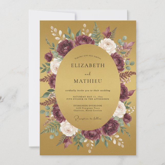 Convite Casamento Burgundy Dourado de Outono (Frente)