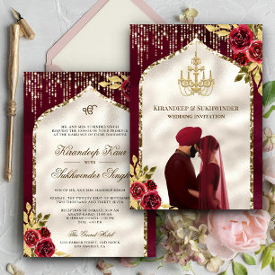 Convite Casamento Burgundy Dourado Floral Anand Karaj Sikh