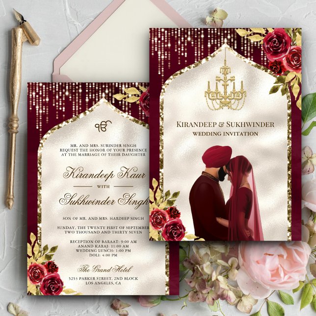 Convite Casamento Burgundy Dourado Floral Anand Karaj Sikh (Criador carregado)