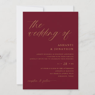 Convite Casamento Burgundy e Dourado Moderno Romântico