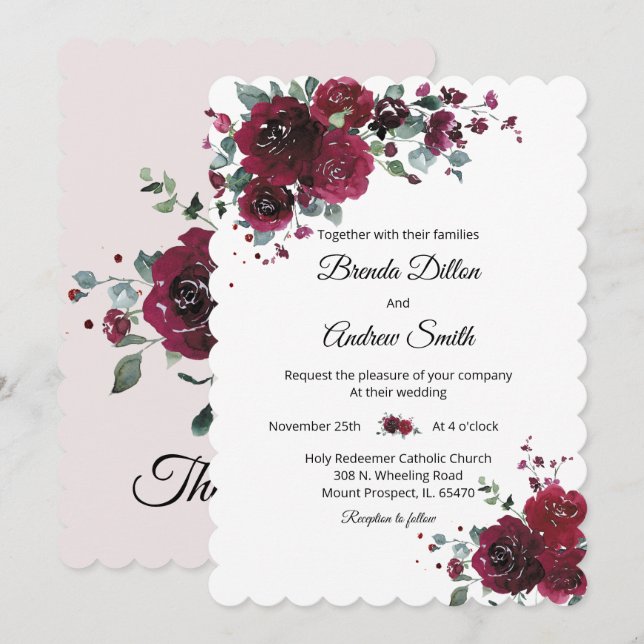Convite Casamento Burgundy e Preto Personalizado (Frente/Verso)