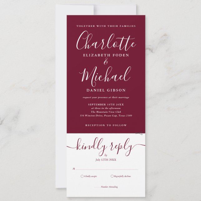Convite Casamento Burgundy Elegant Script Tudo Em Um (Frente)