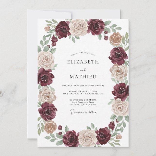 Convite Casamento Burgundy Elegante de Outono (Frente)