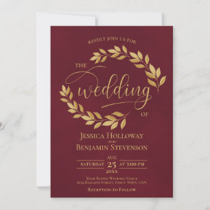 Convite Casamento Burgundy Elegante Folhas Douradas Rústic