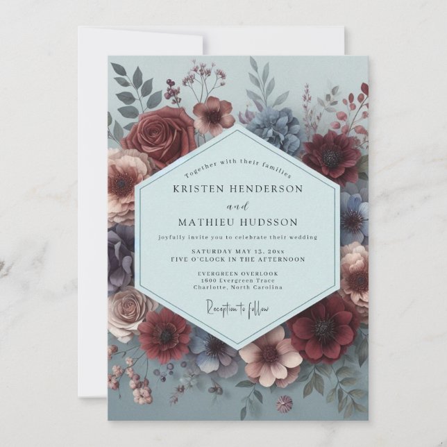 Convite Casamento Burgundy Flora Pintura (Frente)