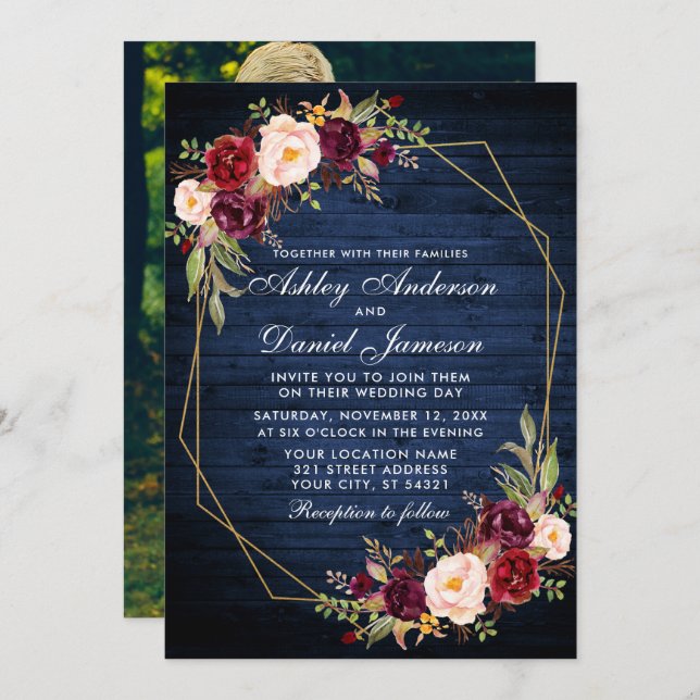 Convite Casamento Burgundy Floral Azul Geométrico Madeira  (Frente/Verso)