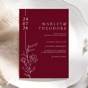 Convite Casamento Burgundy Floral Desenhado à Mão Elegante