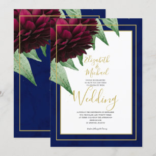 Convite Casamento Burgundy Floral Navy Dourado Elegante Ch