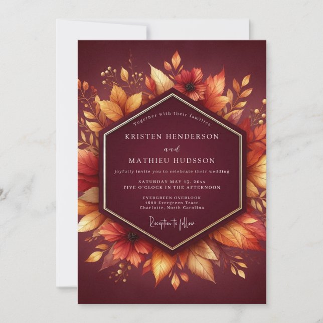 Convite Casamento Burgundy Floral Outonal (Frente)