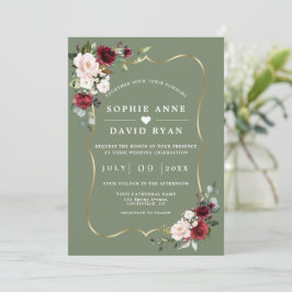 Convite Casamento Burgundy Floral Sage Verde Tudo Em Um  