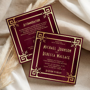 Convite Casamento Burgundy Gold Art Déco Tudo em Um