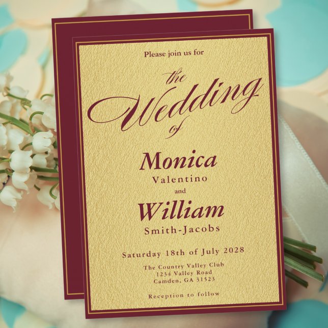 Convite Casamento Burgundy Gold Elegant Script  (Criador carregado)