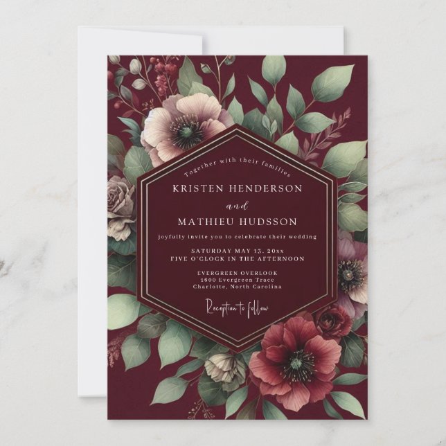 Convite Casamento Burgundy Lush Bloom (Frente)