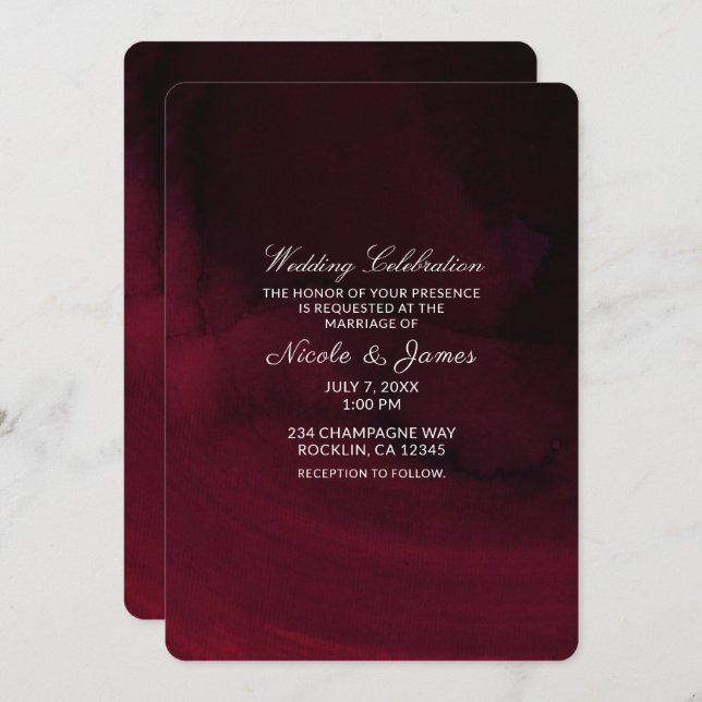 Convite Casamento Burgundy Marrom Moderno com Aquarela (Frente/Verso)