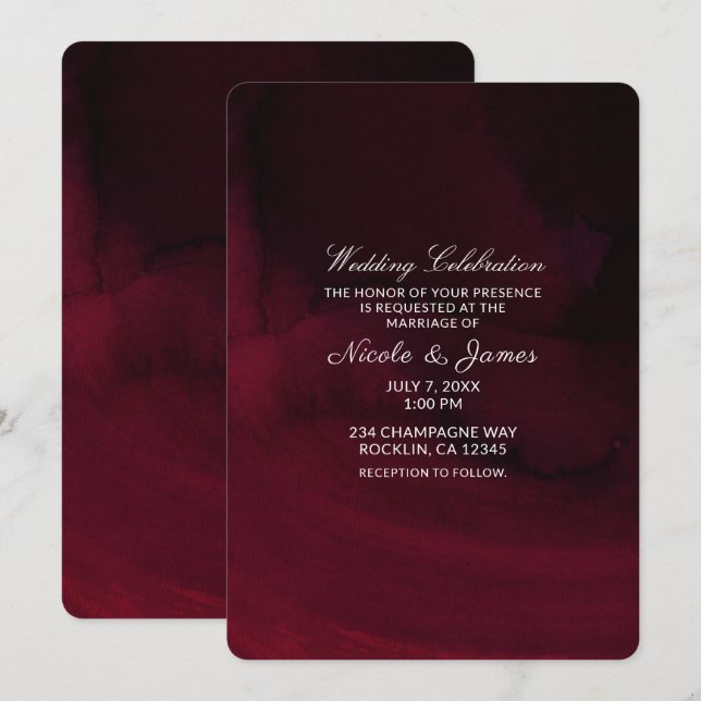 Convite Casamento Burgundy Marrom Temperamental Aquarela M (Frente/Verso)