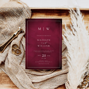 Convite Casamento Burgundy Moderno Elegante Monograma