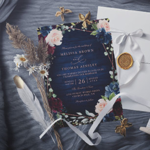 Convite Casamento Burgundy Navy Blush Rose Gold Elegante C